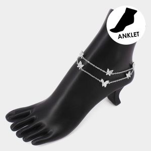 2 Piece Layered Silver Butterfly Charm Pendant Rhinestone Crystal Anklet Chain